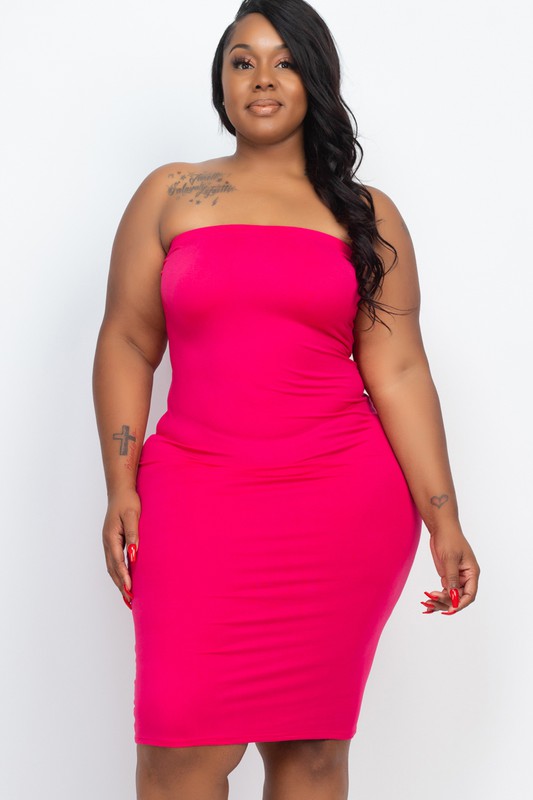 Plus Size Solid Strapless Tube Bodycon Midi Dress