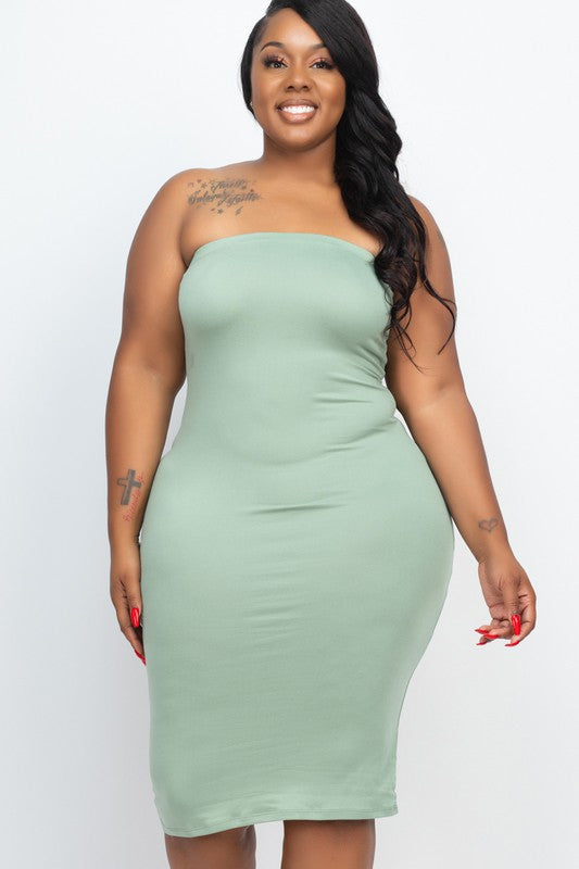 Plus Size Solid Strapless Tube Bodycon Midi Dress